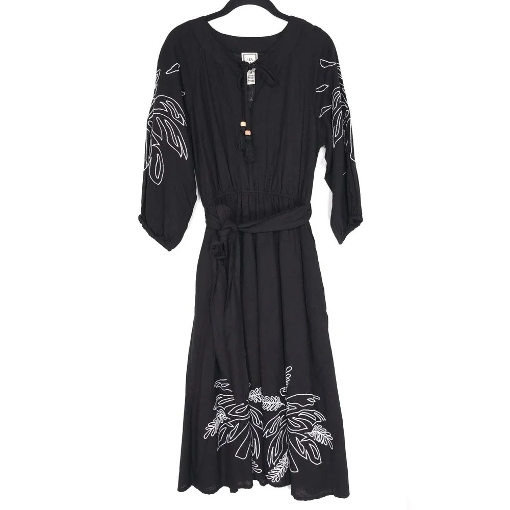 LEA NWOT Midi Dress LARGE Black LINEN Blend Floral Embroidered Tie Belt‎ Tassels